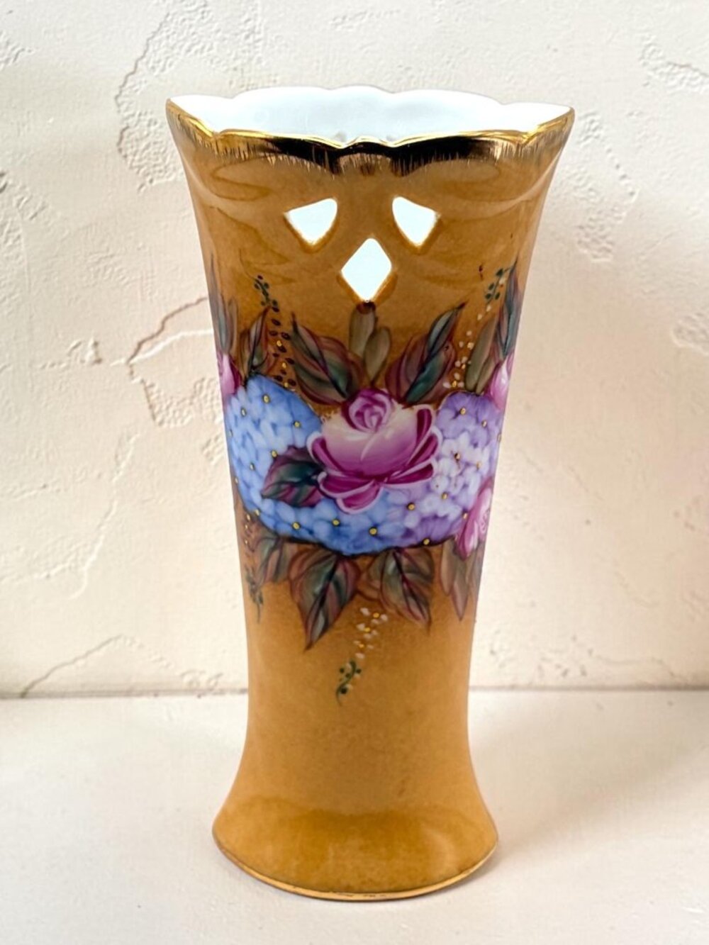 Vintage Floral Porcelain Vase Gold Finish Pink Roses Blue Flowers Pierced Rim 6"